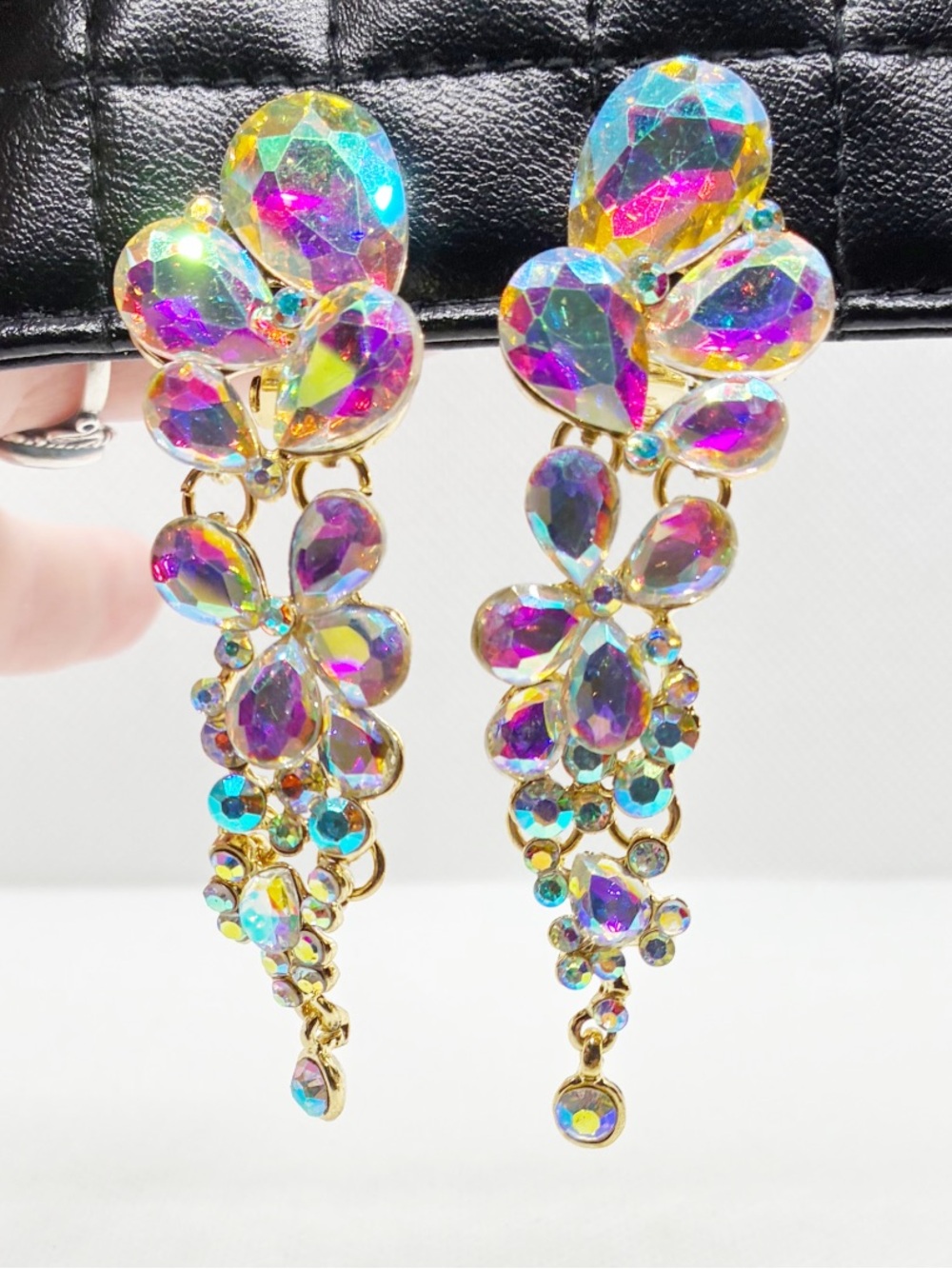 Earrings Clip On Ever Faith Aurora AB Crystal Chandelier Long Glam Bridal